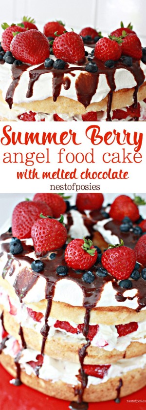 Summer Berry Angel Food Cake with Melted Chocolate